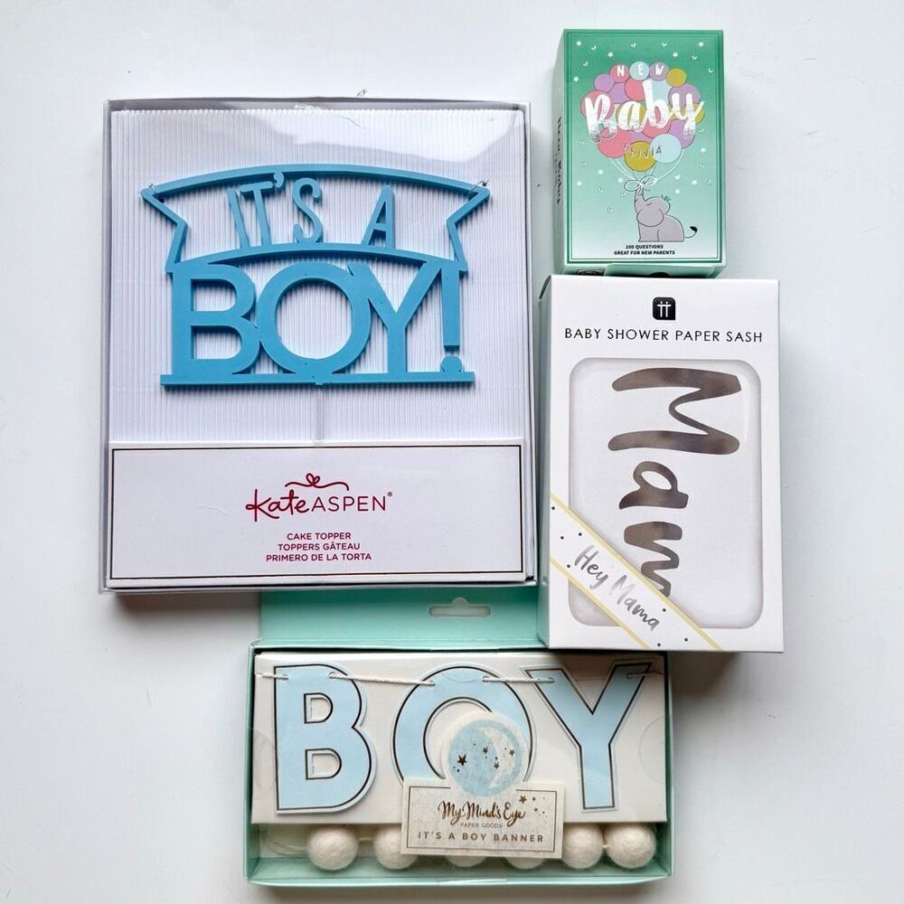 New! Boy Baby shower essentials-4 items Sash, trivia game, acrylic cake topper &